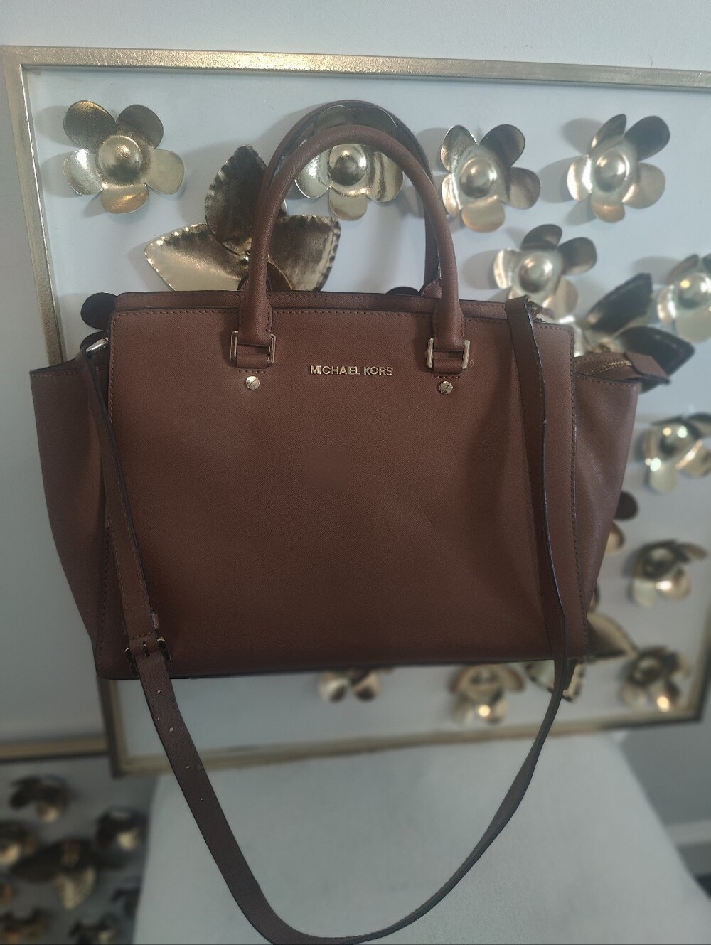 Authentic Michael Kors Brown Selma Saffiano Genuine Leather Luggage Satchel